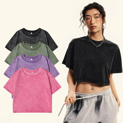 Solid Slim Washed T-Shirt Female Fashion Soft Cotton Streetwear Casual Sport Short Sleeve Cool Retro Crop Clothing For Women
