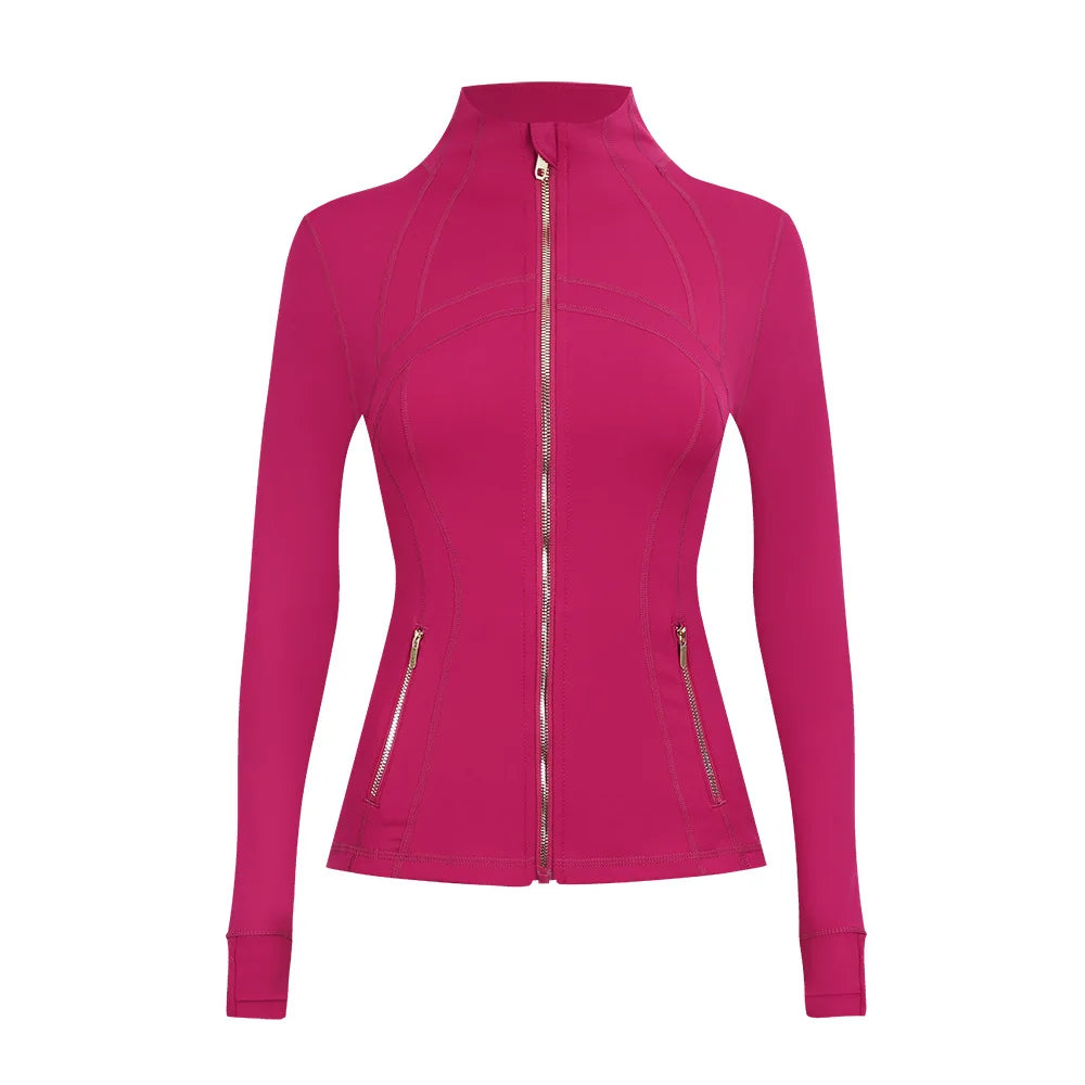 Personalized LOGO custom women's gold zip jacket tight stand-up collar quick-drying fitness running yoga suit 41-color S-3XL top
