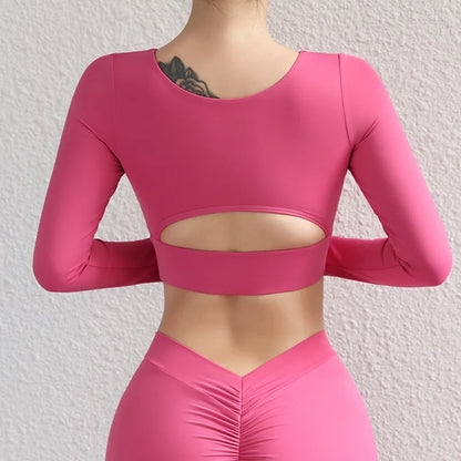 SOISOU Hollow Back Slim Fit Yoga Crop Top Women's Pilates Pullover Shockproof Sports Long Sleeve High Elastic Fitness T Shirt