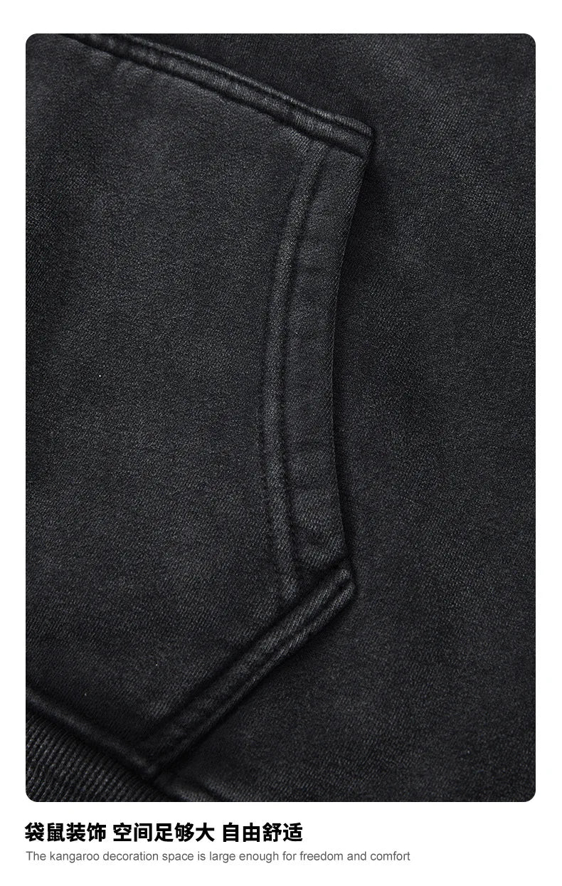 Custom LOGO Men's 400G Autumn Winter Retro Washed Boxy Fleece Collar Plush Thickened  Hooded  Zipper Jacket Couple style set