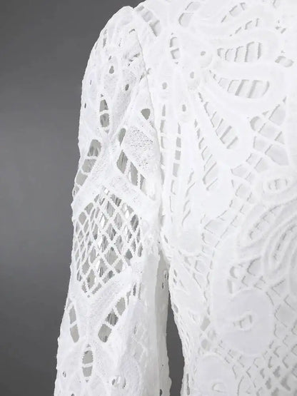 DEAT Fashion White Stand Collar Lantern Long Sleeve Water-soluble Lace Dress A-line Ruffle Hollow Party Mini Dresses Summer New