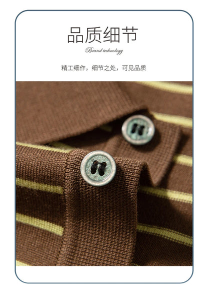 Men's Lyocell shirt summer new casual striped short sleeved T-shirt Polo collar breathable comfortable knitted pullover
