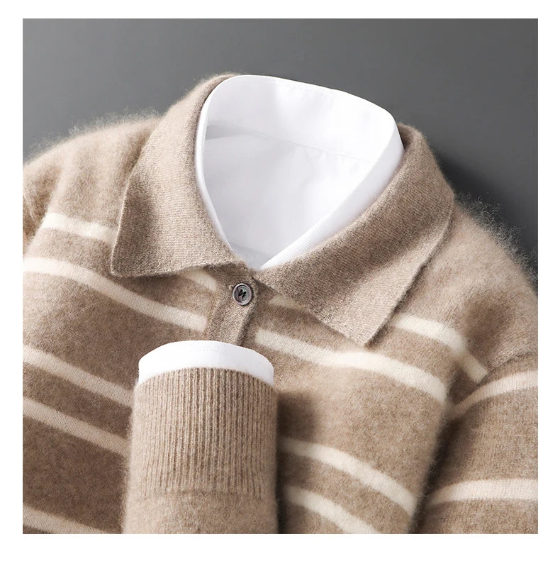 Men Leisure 100% Merino Wool Sweater Polo Collar Knit Pullover Autumn Winter Cashmere Clothing Casual Business Color Stripe Top