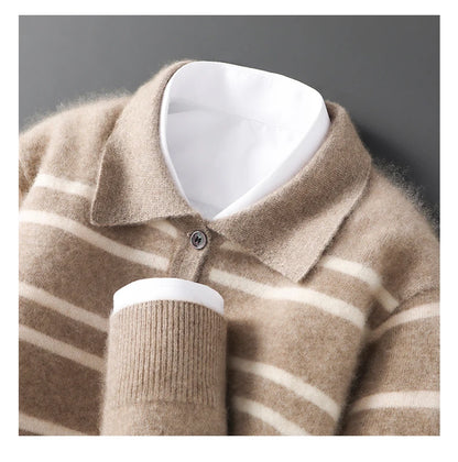 Men Leisure 100% Merino Wool Sweater Polo Collar Knit Pullover Autumn Winter Cashmere Clothing Casual Business Color Stripe Top