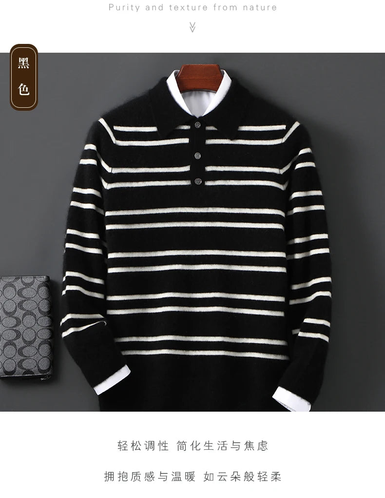 Men Leisure 100% Merino Wool Sweater Polo Collar Knit Pullover Autumn Winter Cashmere Clothing Casual Business Color Stripe Top