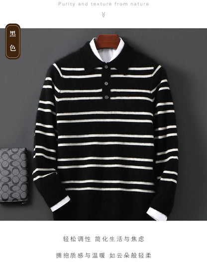 Men Leisure 100% Merino Wool Sweater Polo Collar Knit Pullover Autumn Winter Cashmere Clothing Casual Business Color Stripe Top