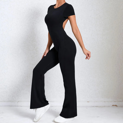 Women's Tracksuit Yoga Set Backless Jumpsuits Back V One Piece Fitness Rompers Short Sleeves Sportswear Gym Set Workout Clothes