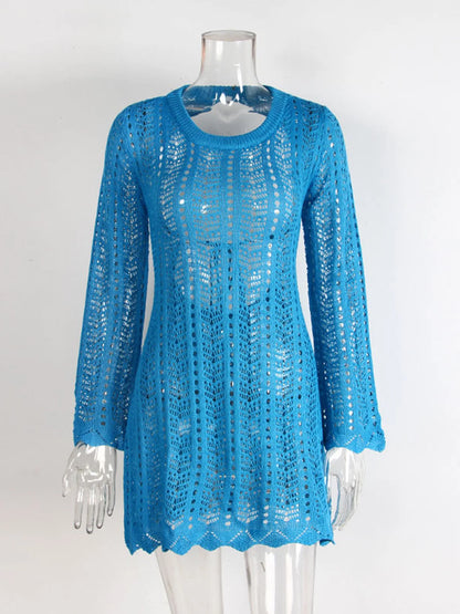 4 Colors Long Sleeve Backless Crochet Knitted Tunic Beach Cover Up Cover-ups Beach Dress Beach Wear Beachwear Female Women V5692