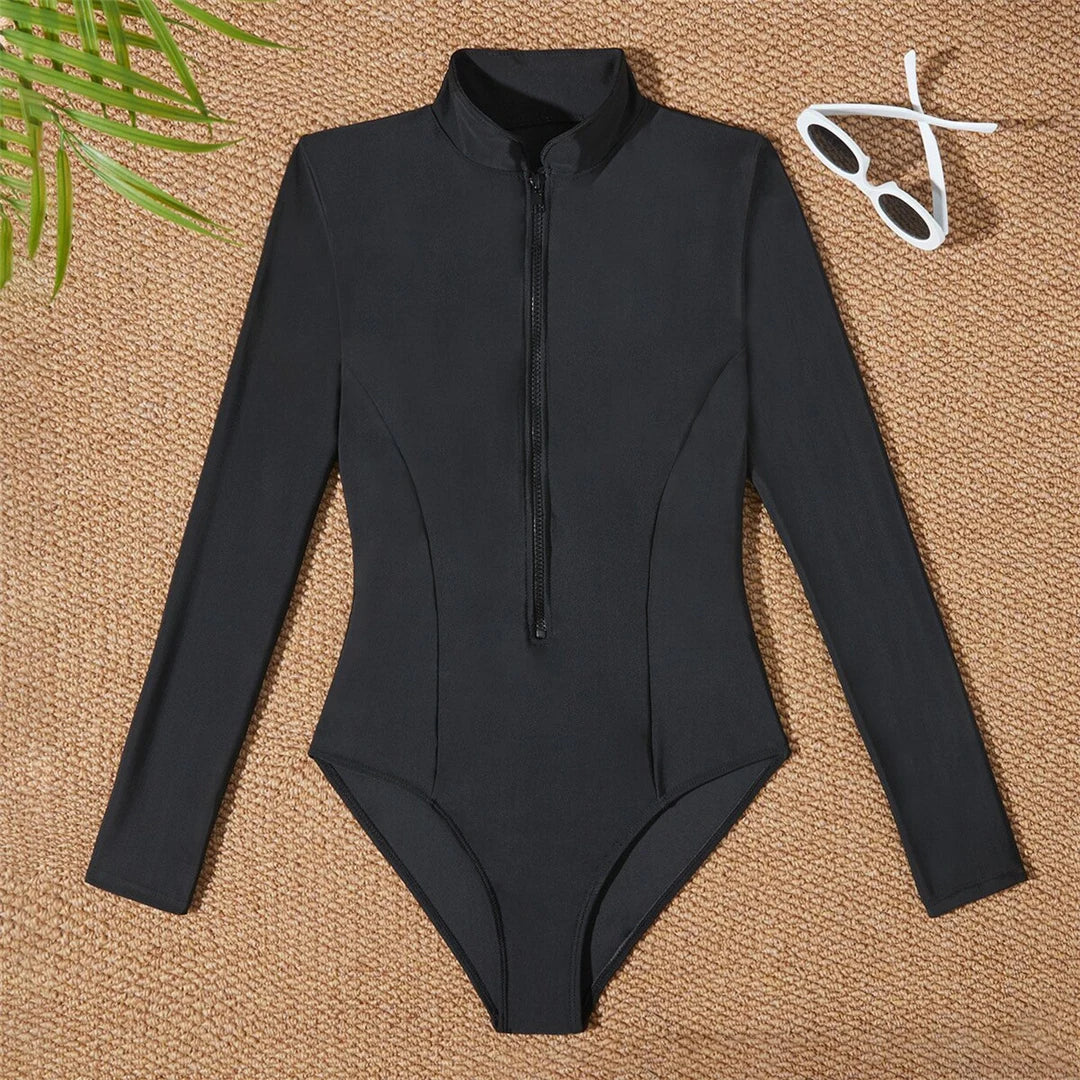 S - 2XL 4 Colors Long Sleeve With Zipper Surf Rash Guard One Piece Swimsuit Women Swimwear Female Bather Bathing Suit Swim V6266