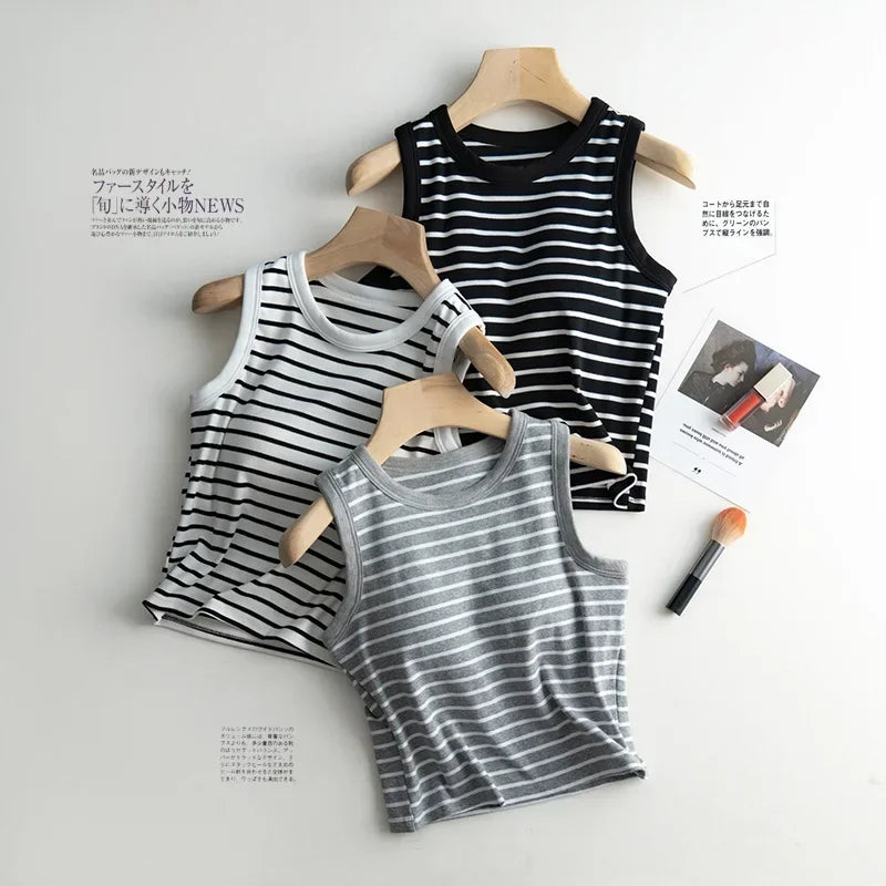 2026 Summer New Women's Tank Top Pajamas All Cotton with Chest Pads Tank Top with Stripe Sports Bottom Short Home Fur Ladies