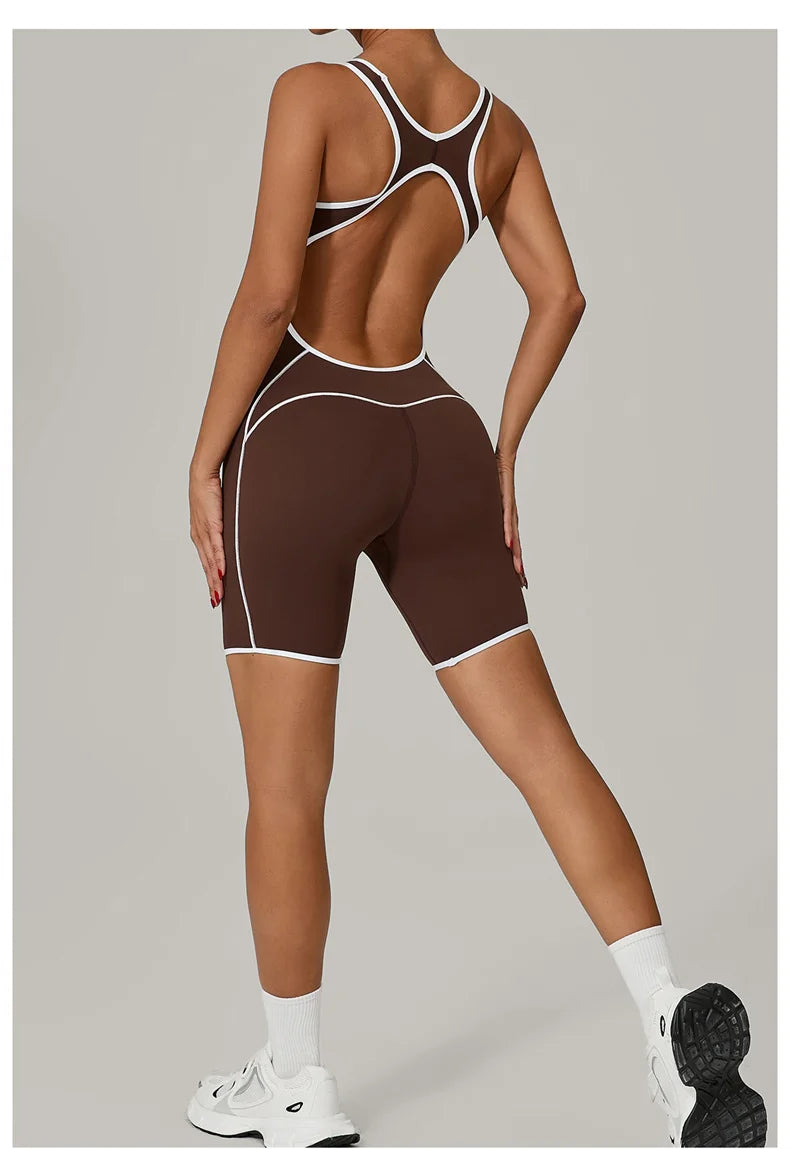 TRY TO BN Yoga Jumpsuit Sports Hollow Back Breathable Contrasting Color Bodysuit Fitness One Piece Set Running Gym Woman Clothes