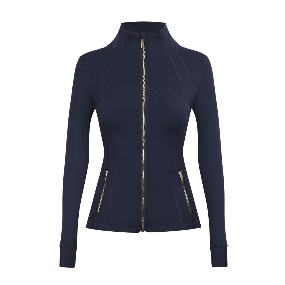 Personalized LOGO custom women's gold zip jacket tight stand-up collar quick-drying fitness running yoga suit 41-color S-3XL top