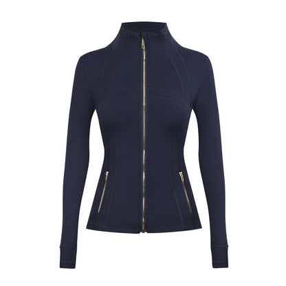 Personalized LOGO custom women's gold zip jacket tight stand-up collar quick-drying fitness running yoga suit 41-color S-3XL top