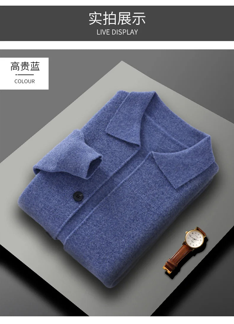 100% Merino Wool Men's Lapel Collar Knit Cardigan Autumn Winter Thicken Solid Color POLO Neck Suit Shirt Cashmere Jacket Sweater