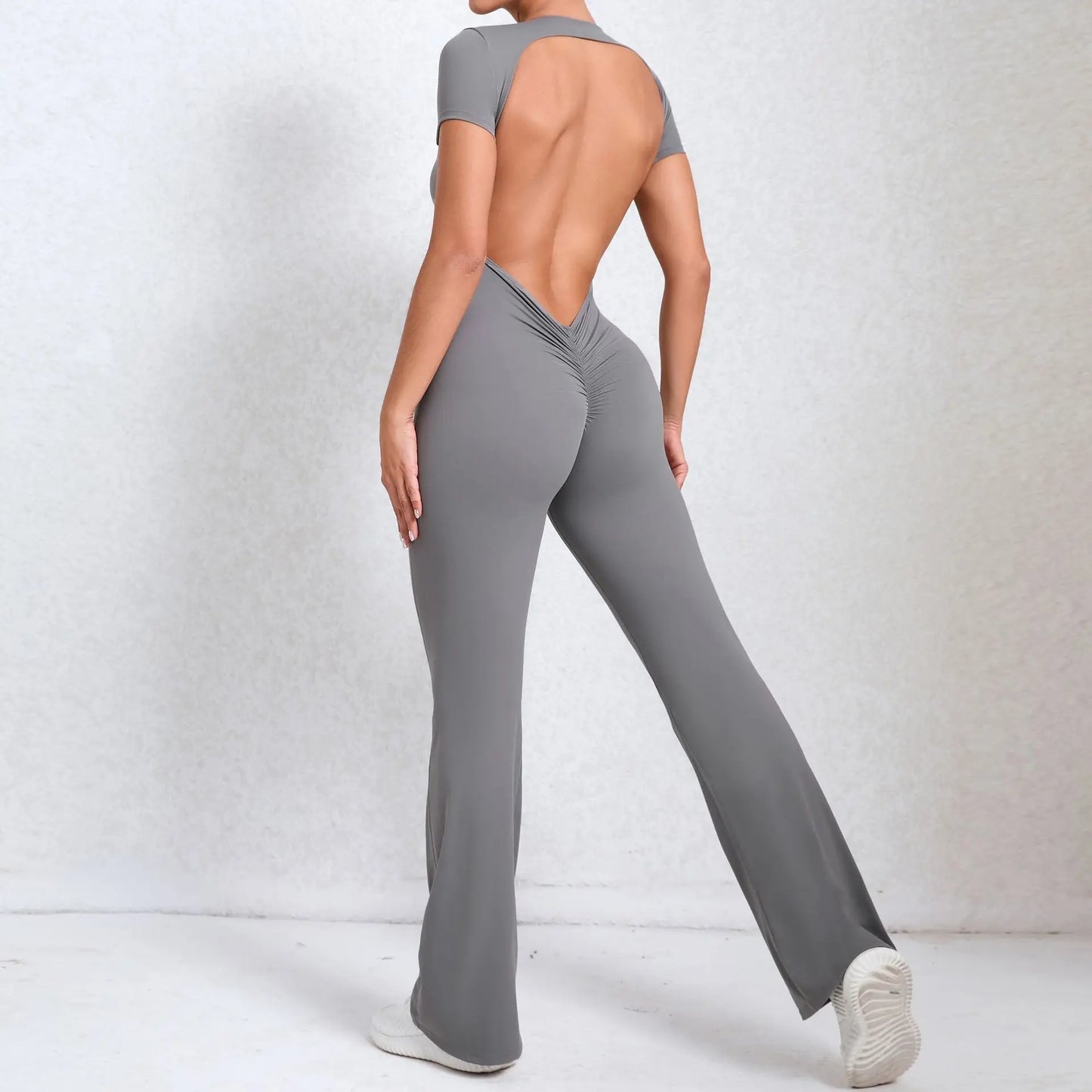 Women's Tracksuit Yoga Set Backless Jumpsuits Back V One Piece Fitness Rompers Short Sleeves Sportswear Gym Set Workout Clothes