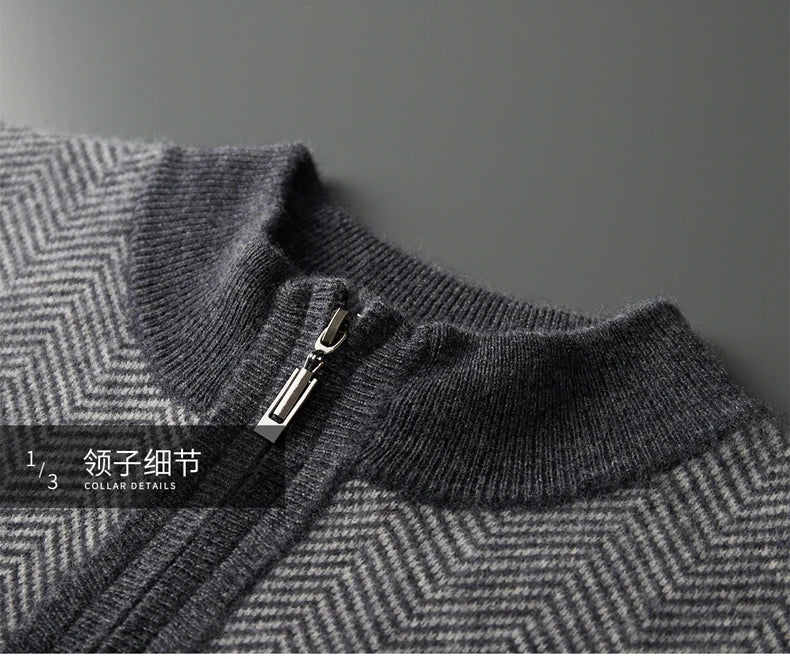 Autumn Winter 100% Merino Wool Knitted Zipper Cardigan Men's Half High Collar Herringbone Pattern Thick Coat Casual Warm Jacket