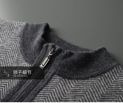 Autumn Winter 100% Merino Wool Knitted Zipper Cardigan Men's Half High Collar Herringbone Pattern Thick Coat Casual Warm Jacket