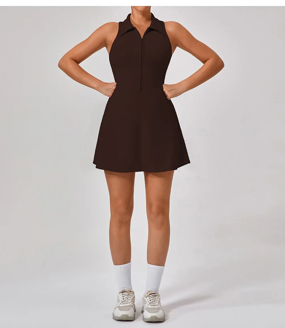 Women's Tennis Dress Women Turn Down Collar Front Zipper 2-in-1 Golf Sports Tight Dress Fitness Workout Running Pocket Skort