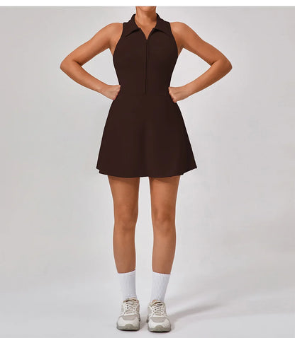 Women's Tennis Dress Women Turn Down Collar Front Zipper 2-in-1 Golf Sports Tight Dress Fitness Workout Running Pocket Skort
