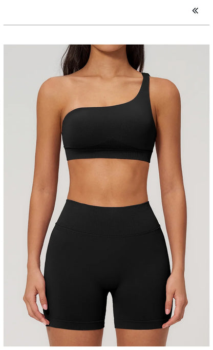 TRY TO BN Seamless Two Pieces Women's Tracksuit Yoga Shorts Set One-shoulder Hollow Backless Fitness Running Workout Gym Clothes