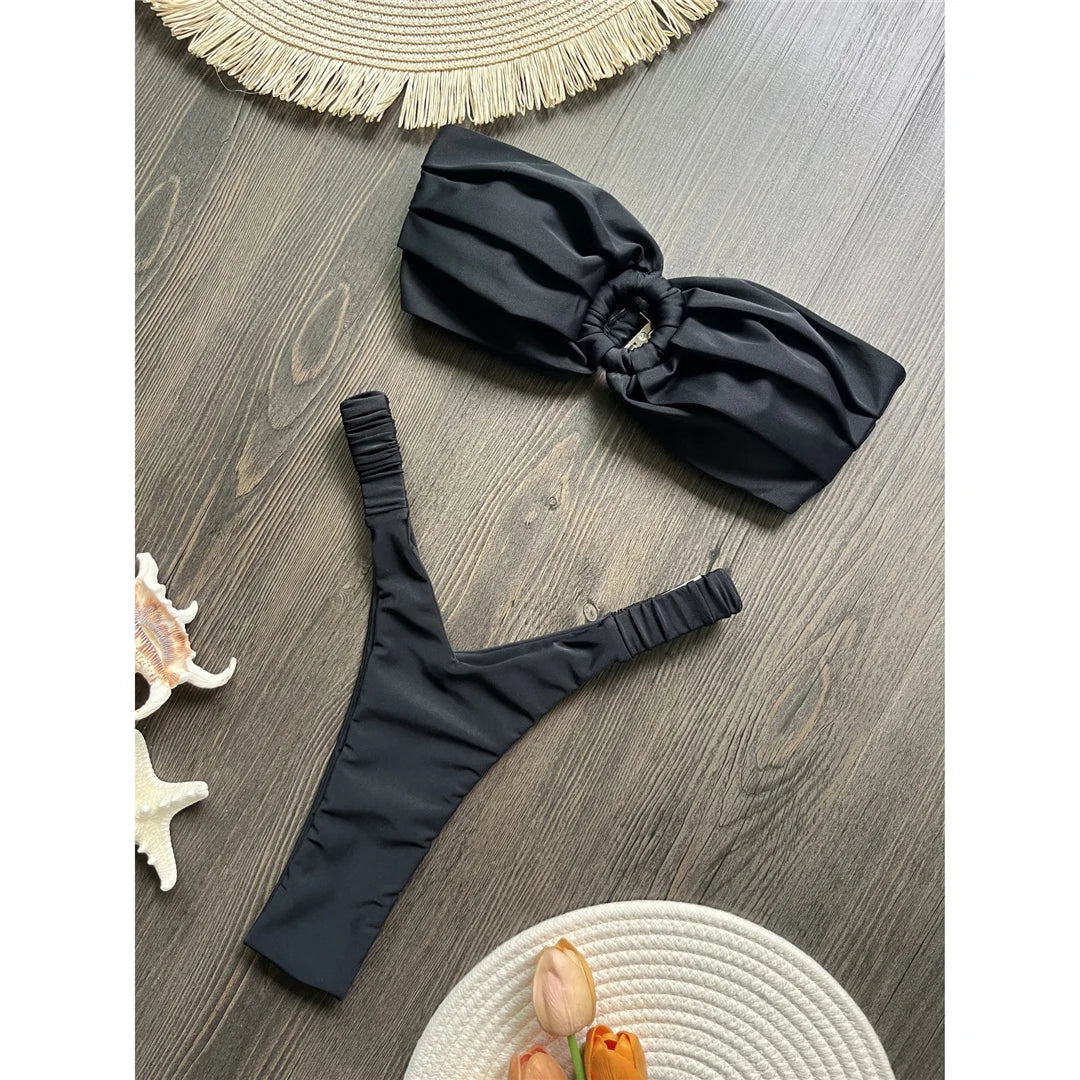 Wrinkled Bandeau High Cut Mini Thong Bikini Female Swimsuit Women Swimwear Two-pieces Bikini set Bather Bathing Suit Swim V6085