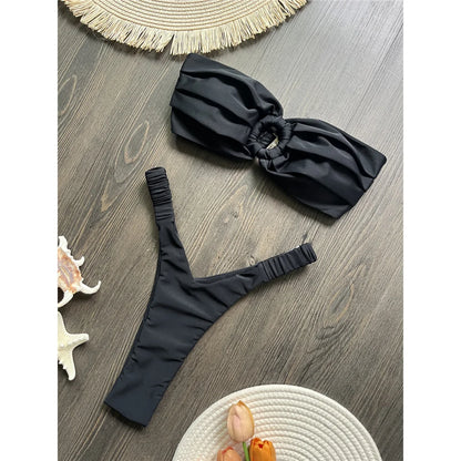 Wrinkled Bandeau High Cut Mini Thong Bikini Female Swimsuit Women Swimwear Two-pieces Bikini set Bather Bathing Suit Swim V6085