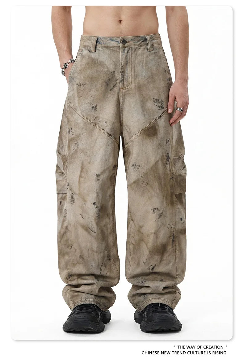 Custom LOGO men's 270G pure cotton high street retro casual pants scimitar denim texture mud yellow old loose wide-leg pants