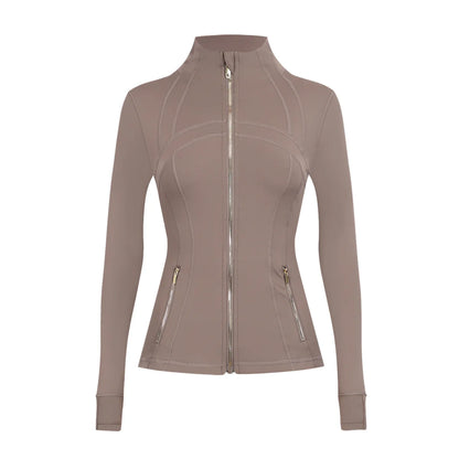 Personalized LOGO custom women's gold zip jacket tight stand-up collar quick-drying fitness running yoga suit 41-color S-3XL top