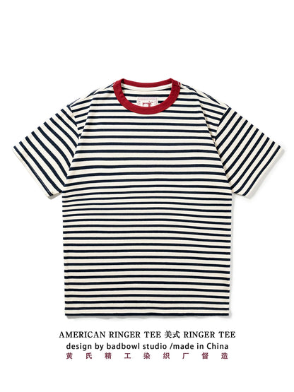 Summer new pure cotton T-shirt men's American retro contrasting shirt versatile couple short sleeved T-shirt striped base shirt