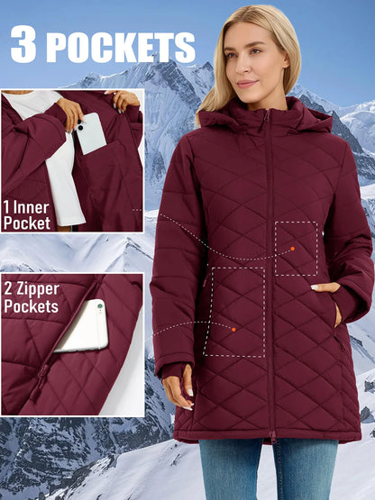 TACVASEN Womens Long Quilted Puffer Hood Jackets Winter Lightweight Warm Insulated Coat Windproof Waterproof Parkas with Pockets