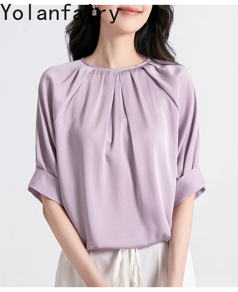 YOLANFAIRY 100% Real Mulberry Silk T Shirts for Women Summer 2026 Short Sleeve Tops O-neck Elegant Blouse Woman Tee Shirt Femme