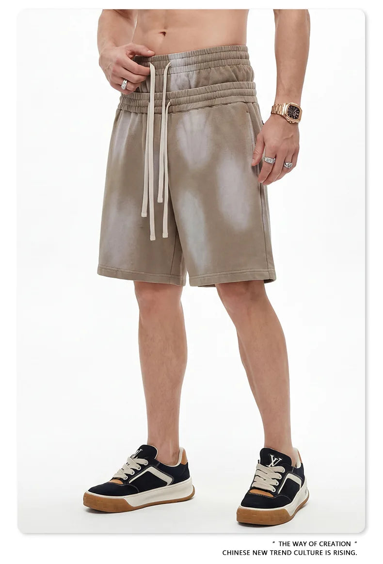 Custom LOGO men's 320G heavy 100% washed and old double waist high waist medium pants loose casual sports five-point shorts