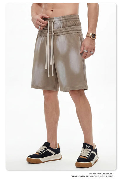 Custom LOGO men's 320G heavy 100% washed and old double waist high waist medium pants loose casual sports five-point shorts