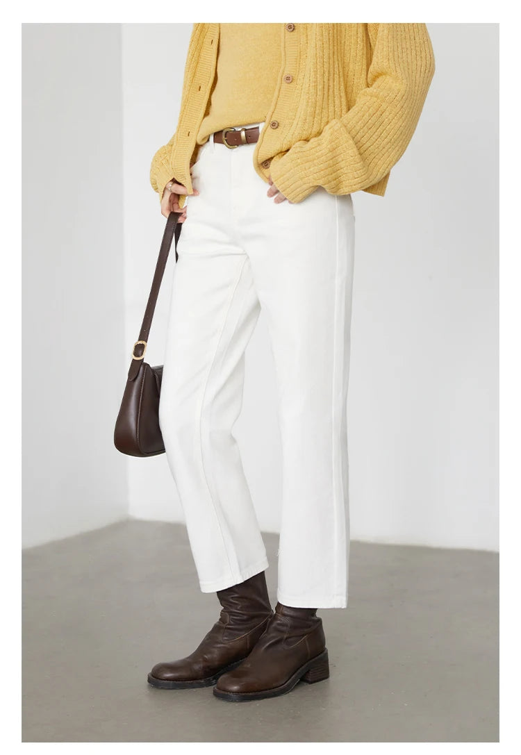 CHIC VEN Women Pants White Slim High Waisted Cotton Straight Leg Casual Slim Leg Jeans Girl Trouser Spring Autumn 2025
