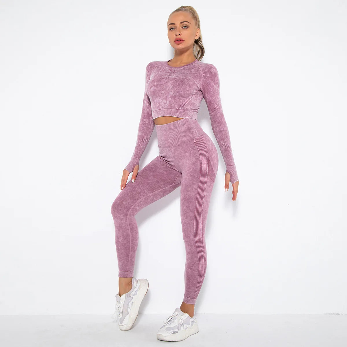 Women Seamless Tracksuit Yoga Set 2PCS Workout Clothes Athletic Wear Gym Legging Fitness Bra Crop Top Long Sleeve Sports Suits