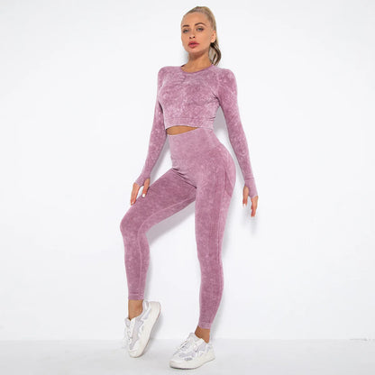 Women Seamless Tracksuit Yoga Set 2PCS Workout Clothes Athletic Wear Gym Legging Fitness Bra Crop Top Long Sleeve Sports Suits
