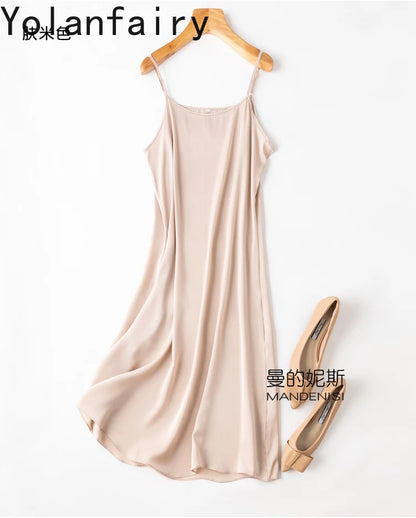 YOLANFAIRY 19momme 93% Mulberry Silk Spaghetti Strap Dress for Women Elegant Mid-length Sexy Real Silk Summer Dresses Woman 원피스