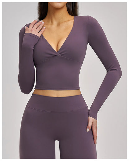 Deep-V Yoga Long Sleeve Solid Sports T-shirts Women's Gym Workout Shirts Sexy Quick Dry Fitness Long Sleeve Female Yoga Shirts