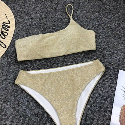 Shiny Glitter Sparkling High Waist Bikini Female Swimsuit Women Swimwear Two-pieces Bikini set One Shoulder Bathing Suit V1264