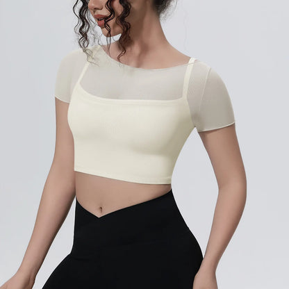 Hearuisavy Women's Mesh Short Sleeve Yoga Top With Padded Bra Fake Two Piece Gym Clothing Quick Dry Sports Crop Top Fitness Top