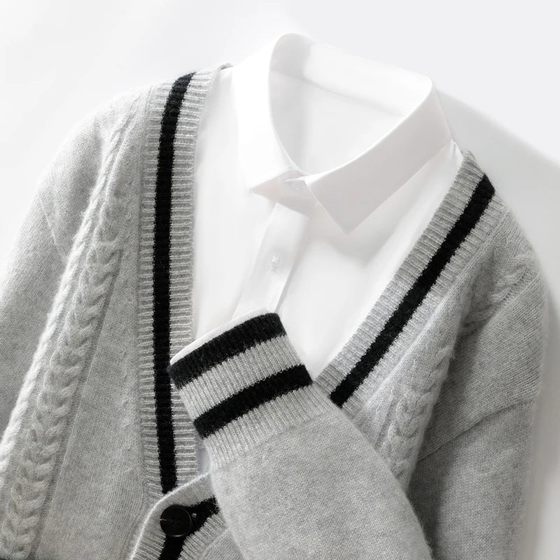 100% Merino Wool Color-Blocked Double Pocket Knit Cardigan Cashmere Soft Long Sleeves Basic Comfortable Men's  Clothing Top