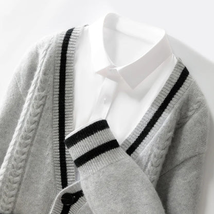 100% Merino Wool Color-Blocked Double Pocket Knit Cardigan Cashmere Soft Long Sleeves Basic Comfortable Men's  Clothing Top