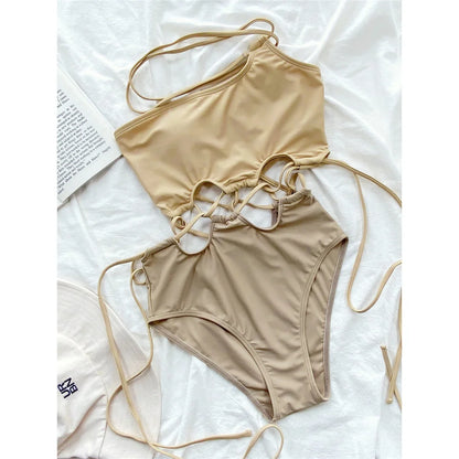 Wrap Around Cut Out One Shoulder Women Swimwear One Piece Swimsuit Female High Cut Padded Bather Bathing Suit Swim Lady V3395