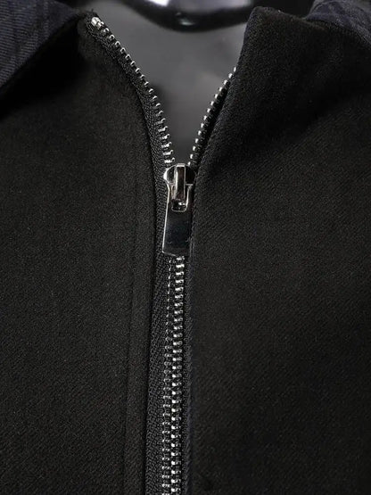 DEAT Fashion Cropped Bomber Jacket Women's Plaid Collar Loose Black Zipper Outerwear Short Coat Spring Autumn New