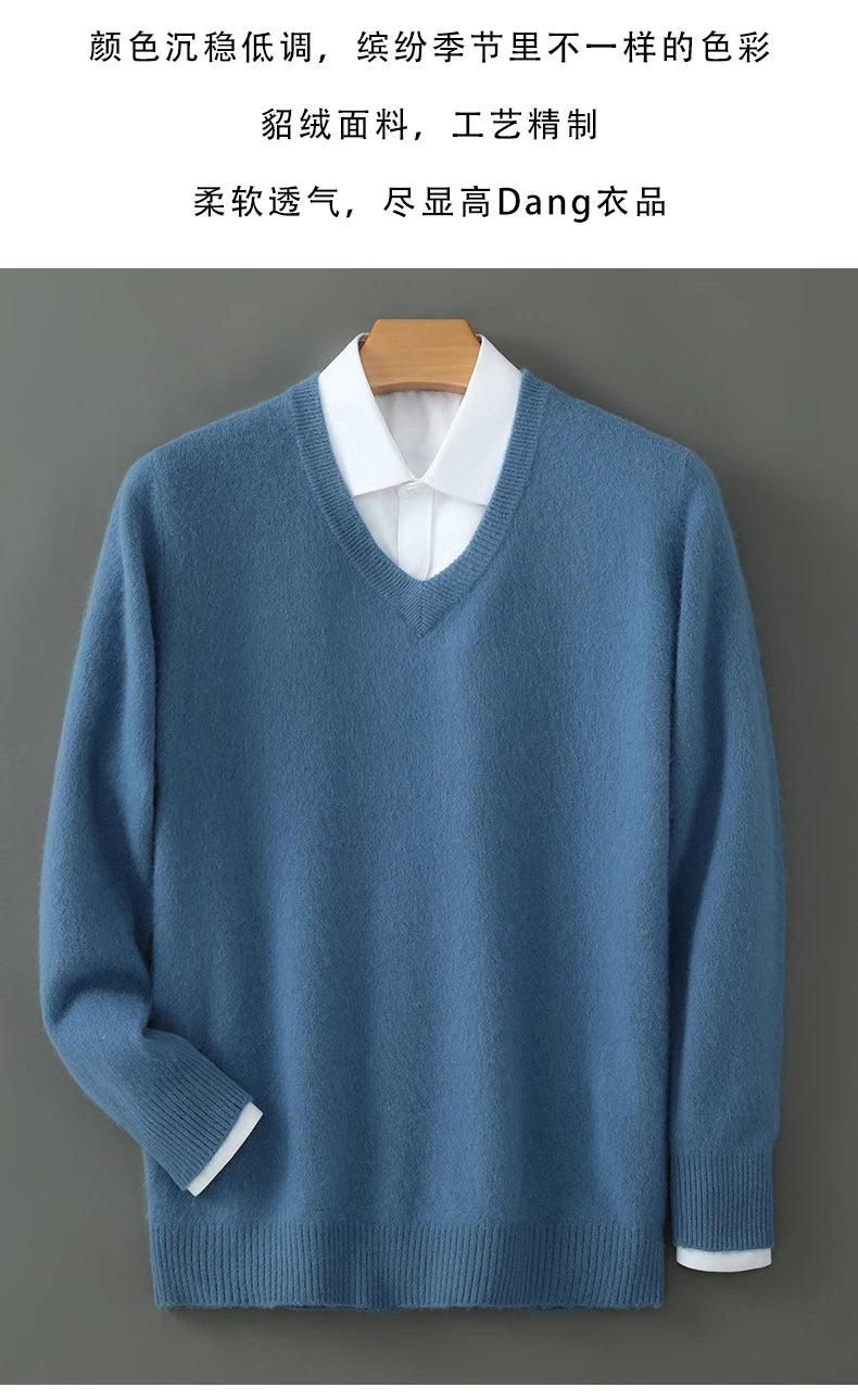 100% Pure Mink Cashmere Sweater Men's V-Neck Pullovers Knit Large Size Mink Sweater Winter New Long Sleeve High-End Jumpers Tops
