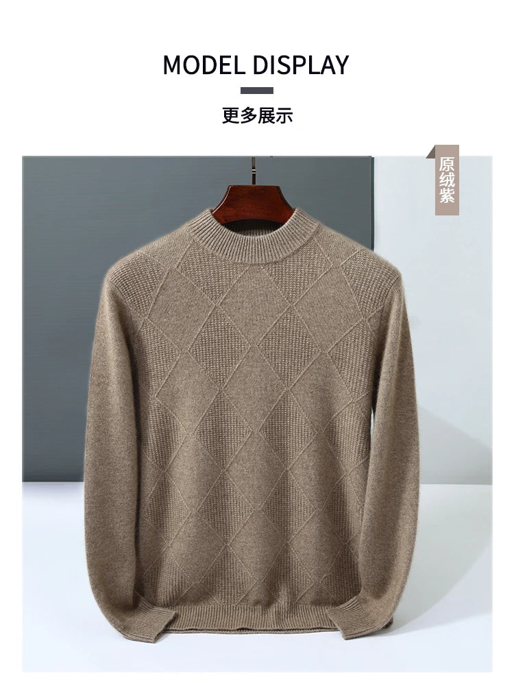 Autumn Winter New Style 100% Goat Cashmere Men's Mock Neck Diamond Knitted Base Shirt Casual Business Top Fashionable Knitwear
