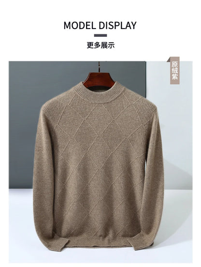 Autumn Winter New Style 100% Goat Cashmere Men's Mock Neck Diamond Knitted Base Shirt Casual Business Top Fashionable Knitwear