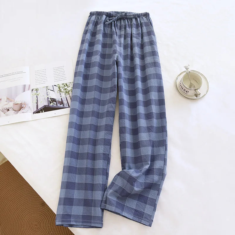 2026 New Spring and Autumn Men's Sleeper Pants 100% Cotton Gauze Japanese Checkered Pants Elastic Waist Home Pants Sleepwear