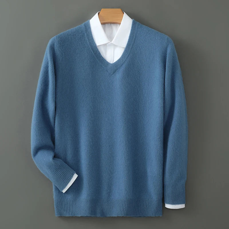 100% Pure Mink Cashmere Sweater Men's V-Neck Pullovers Knit Large Size Mink Sweater Winter New Long Sleeve High-End Jumpers Tops