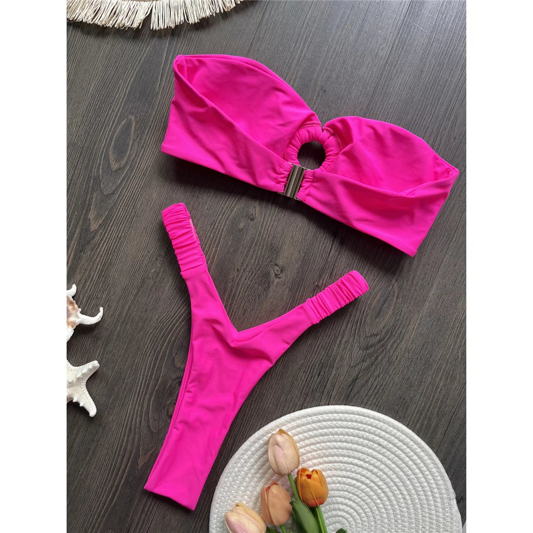 Wrinkled Bandeau High Cut Mini Thong Bikini Female Swimsuit Women Swimwear Two-pieces Bikini set Bather Bathing Suit Swim V6085